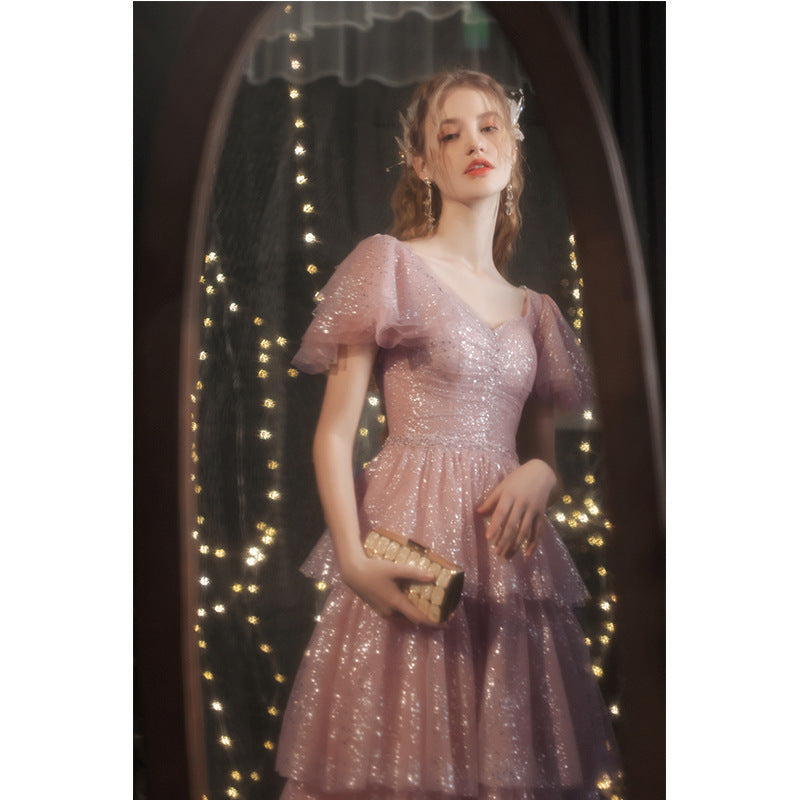 Pink Sparkly Fairy Long Prom Dress Short Sleeves Bling Evening Dress 77 - JulyProm