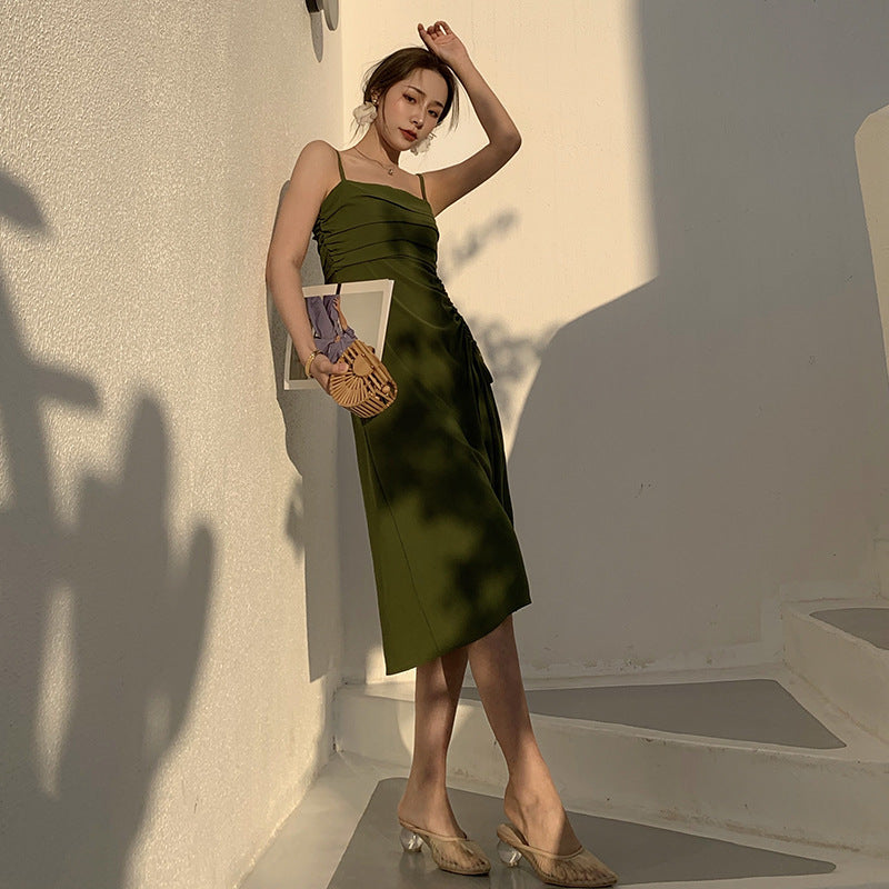 Summer new mid-length green dress a-line waist drawstring dress 23 - JulyProm