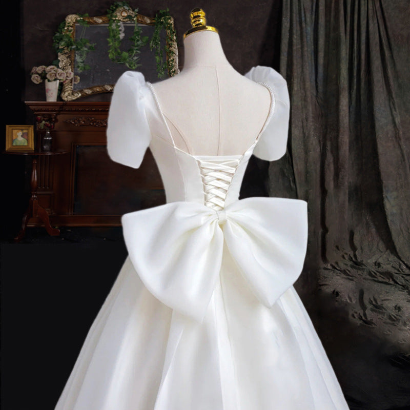 White Satin Wedding Dress Short Sleeves Long Prom Dress 57 - JulyProm
