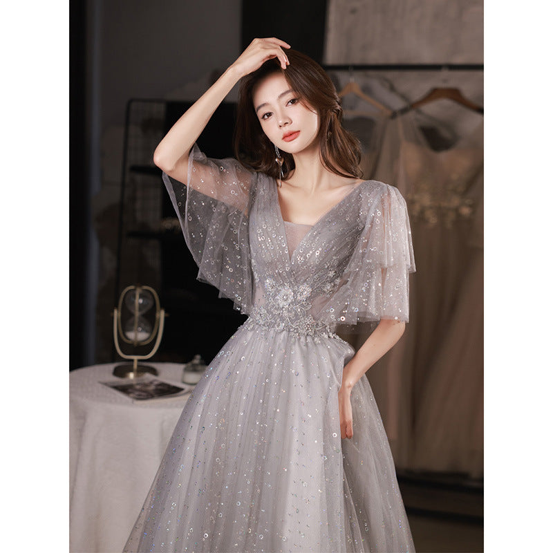 Gray Bling Long Prom Dress Mid Sleeves Sparkly Evening Dress 90 - JulyProm