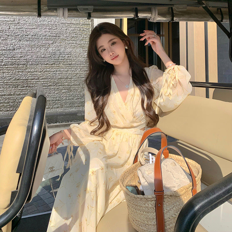 Summer French V-neck Dress Fairy Puff Sleeve Long Dress for Women 68 - JulyProm