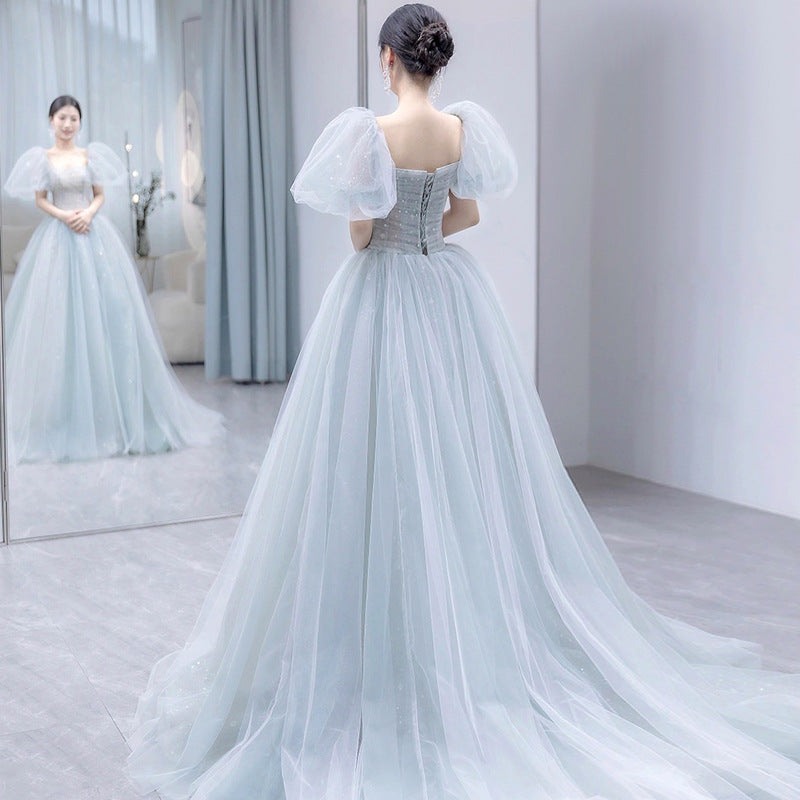 Princess Tulle Dress Blue Formal Party Dress Puff Sleeves Evening Dress 116 - JulyProm