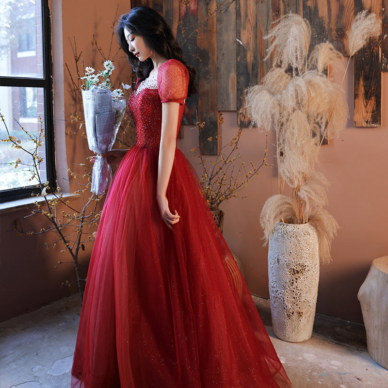 A Line Beaded Long Prom Dress Short Sleeves Long Evening Dress 81 - JulyProm