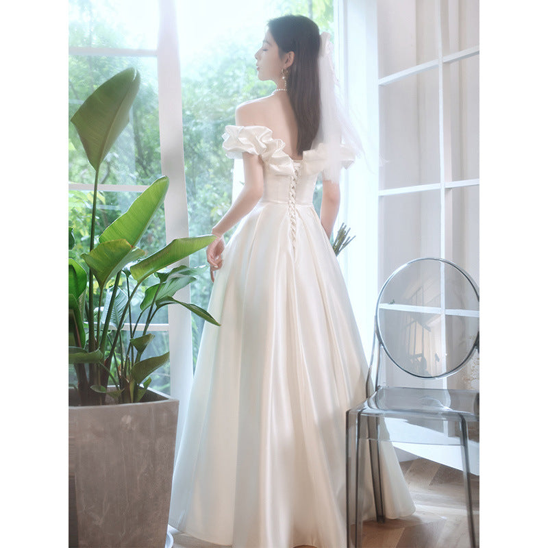Off Shoulder Satin White Wedding Dress A Line Prom Dress 97 - JulyProm