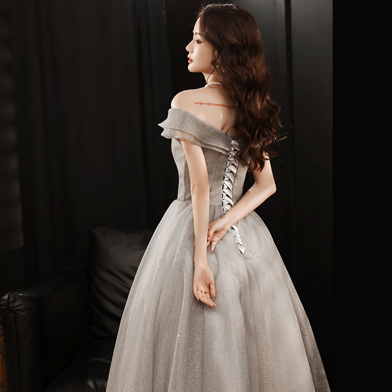 Off Shoulder Long Prom Dress Gray Sparkly Evening Dress 56 - JulyProm