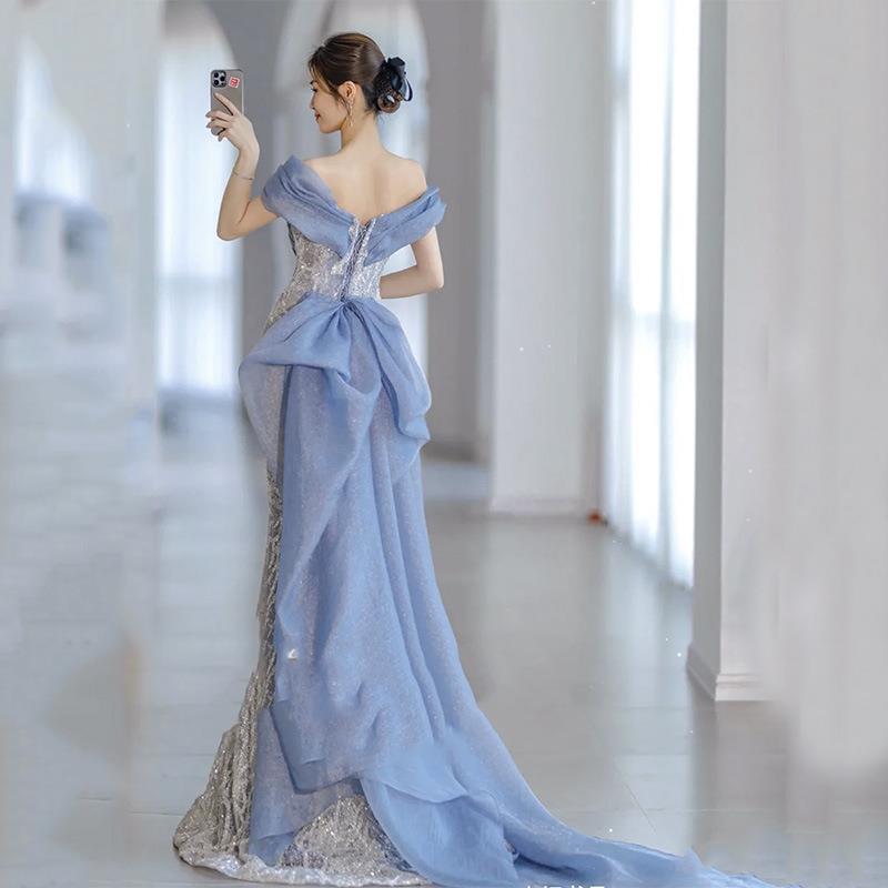 Light Blue Beaded Mermaid Long Prom Dress Off shoulder Evening Dress 42 - JulyProm