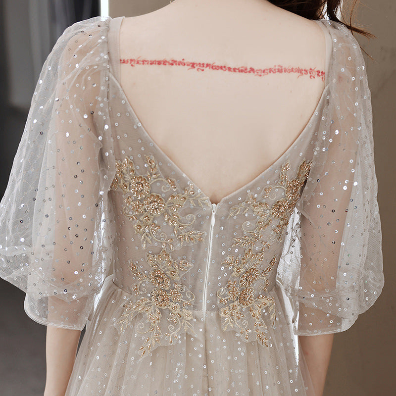 A Line Sequins Mid Sleeves Long Prom Dress V Back Evening Dress 82 - JulyProm