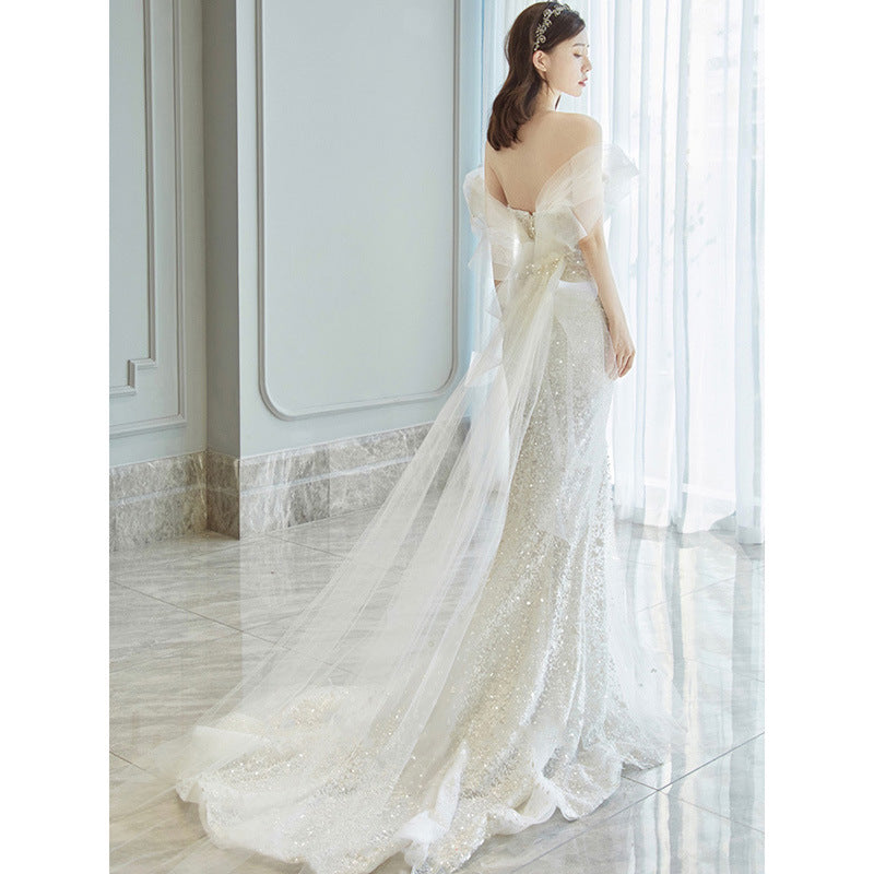 White Off Shoulder Mermaid Sequins Wedding Dress Sparkly Long Evening Dress 46 - JulyProm