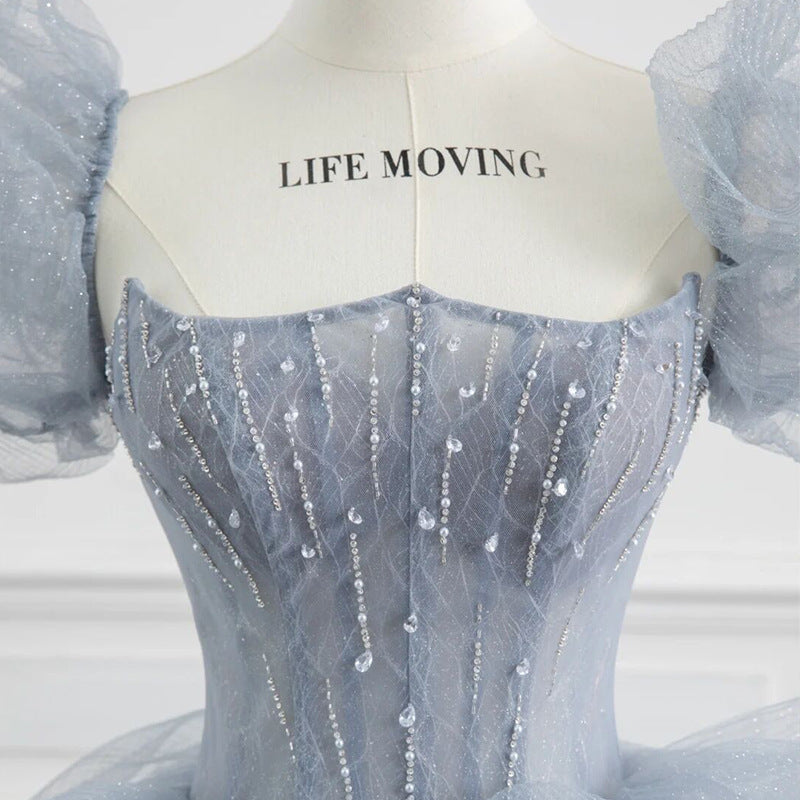 Blue Tulle Princess Ball Gown Puff Sleeves Sweet Evening Dress 92 - JulyProm