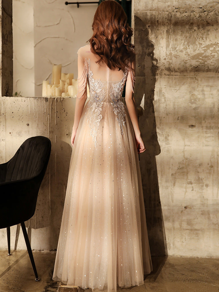 Light Pink Tassel Long Prom Dress A Line Formal Dress Evening Dress 124 - JulyProm