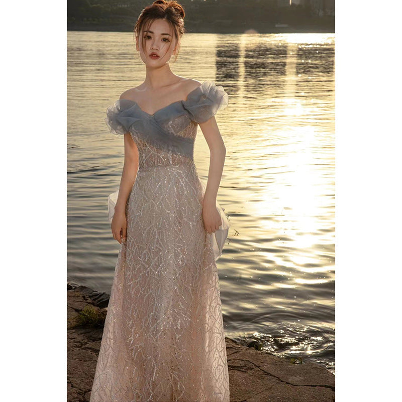 Off Shoulder French Long Prom Dress Sparkly Evening Dress 45 - JulyProm