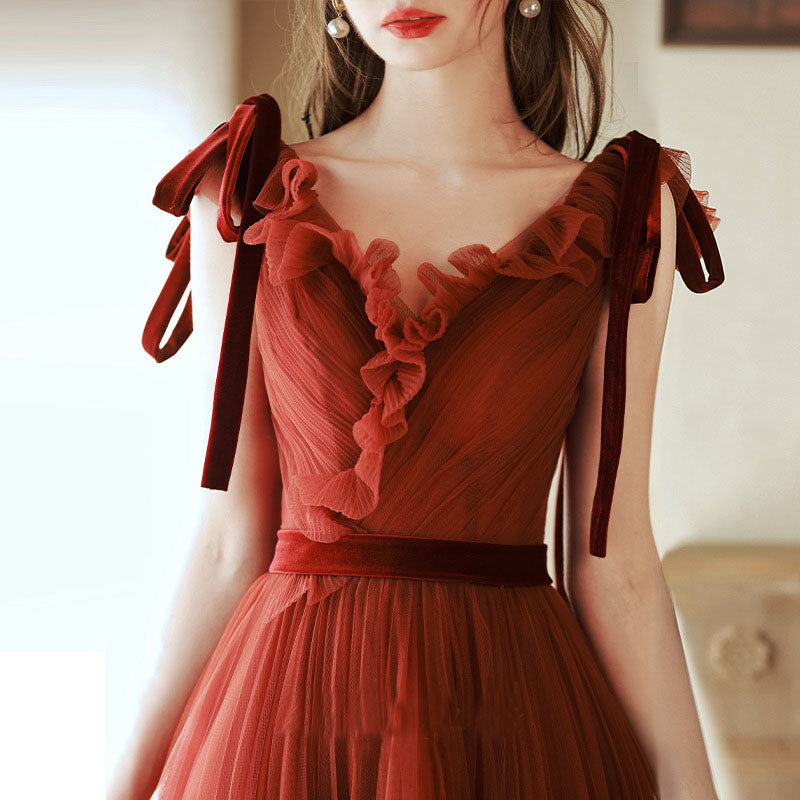 Rust Red Long Prom Dress V Neck Tulle Formal Dress 93 - JulyProm