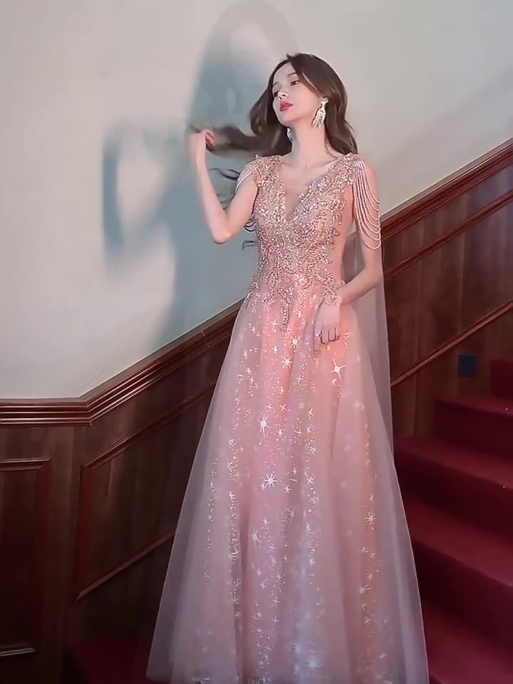 Pink Long Prom Dress Beading Formal Dress with Cap V Neck Evening Dress 76 - JulyProm