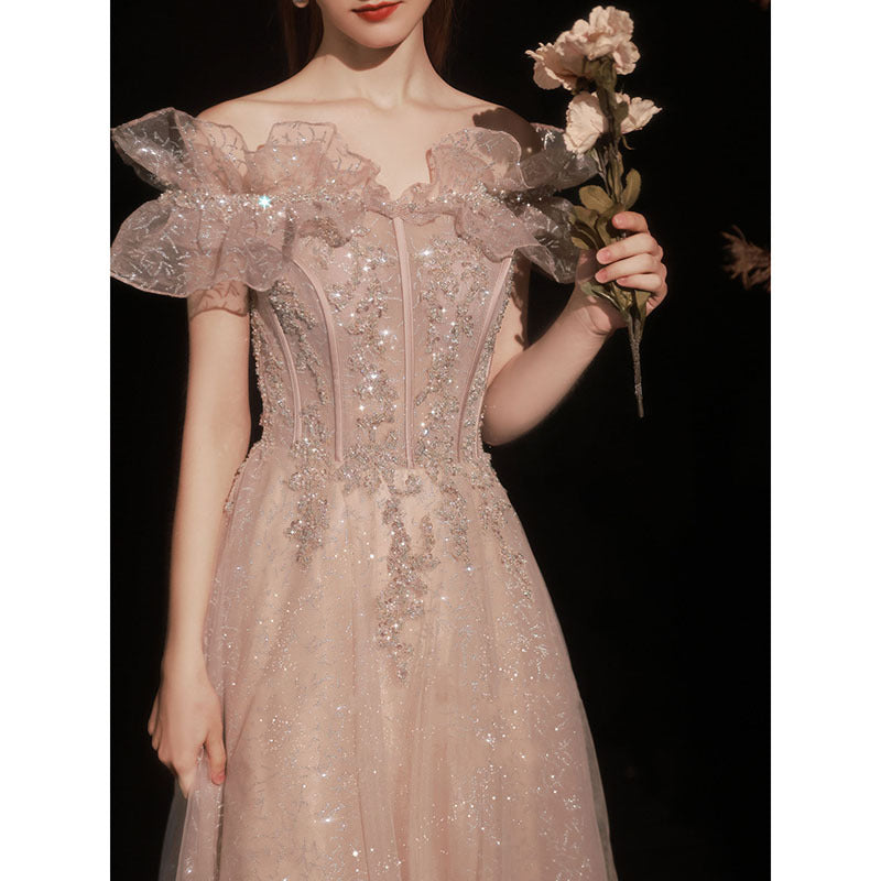Pink Off Shoulder Tulle Sequins Prom Dress Long Fairy Evening Dress 8 - JulyProm