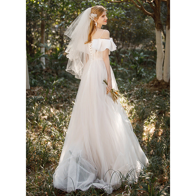 White Off Shoulder Wedding Dress Long Prom Dress with Train 13 - JulyProm