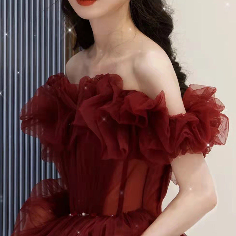 Burgundy One Shoulder Long Prom Dress Tulle Evening Dress 10 - JulyProm