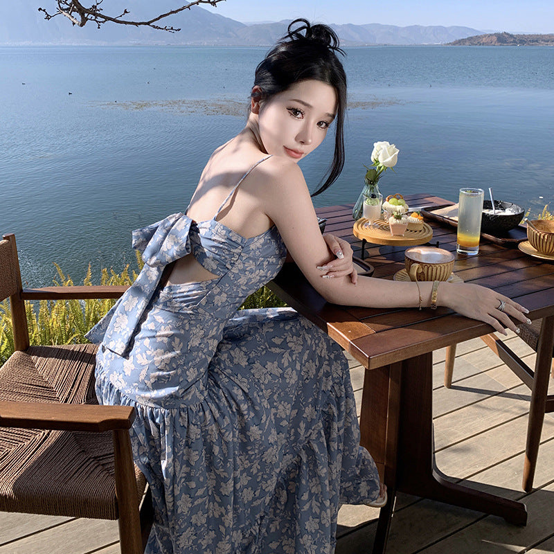 One-shoulder backless bowknot suspender dress female floral pleated dress seaside holiday beach dress 2 - JulyProm