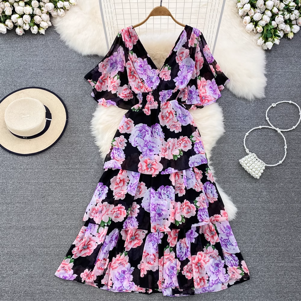 A-Linie Blumen-Chiffon-Kuchenkleid mit V-Ausschnitt, elegantes Kleid 1622