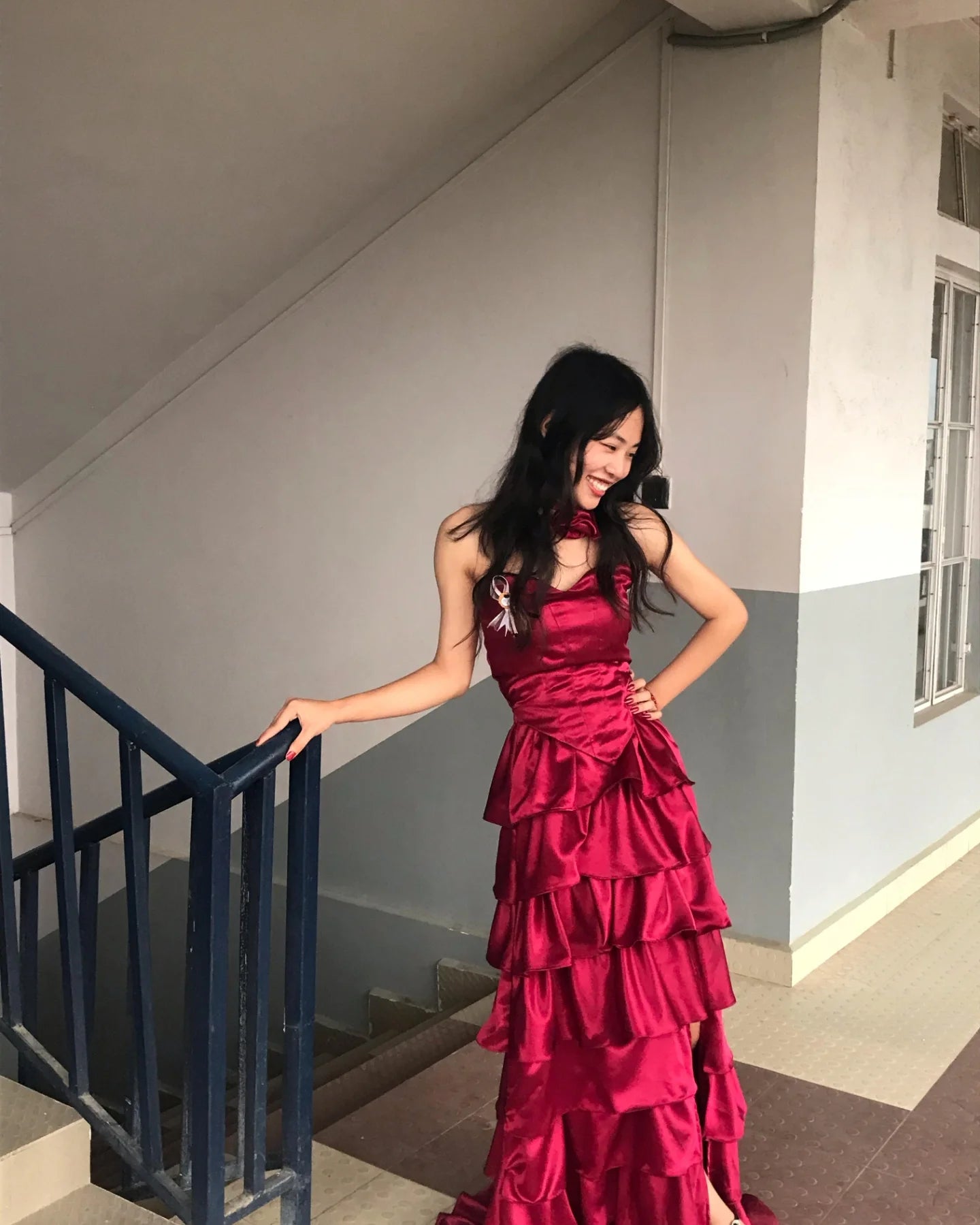 A Line Satin Burgundy Prom Dress Tiered Formal Evening Dress J7046