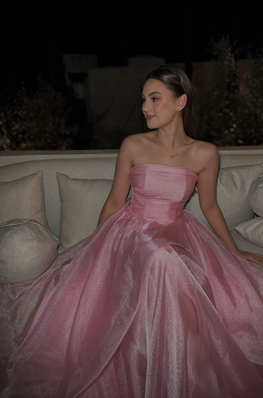 Strapless A Line Pink Prom Dress Wedding Guest Dress J7770