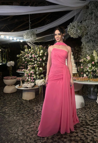 Strapless Pink Chiffon Long Prom Dress Elegant Graduation Dress Wedding Guest Dress J8055