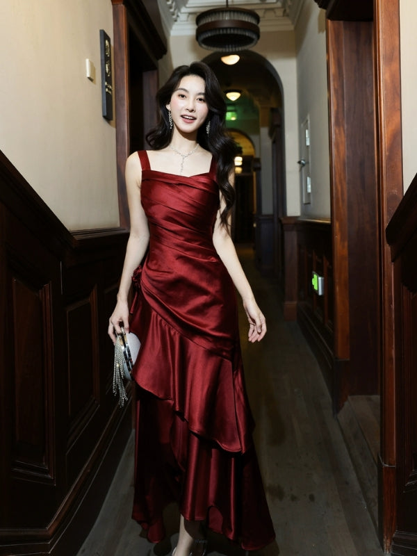 A Line Burgundy Long Prom Dress Ruffle Elegant Evening Dress J8617