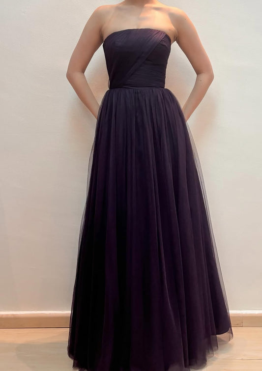 Strapless Purple A Line Long Prom Dress Tulle Party Dress J8568