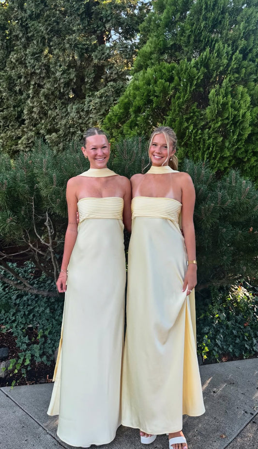 Robe de bal longue bustier coupe trapèze en satin jaune, robe de demoiselle d'honneur J8027