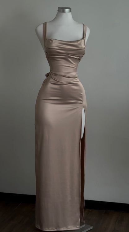 Satin Long Prom Dress Sexy Evening Dress With Slit J8596
