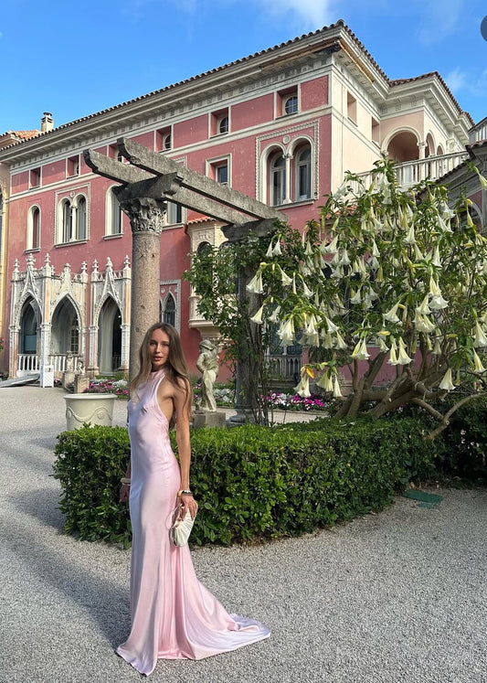 Robe fourreau dos nu pour invitée de mariage, robe de bal rose formelle J7153