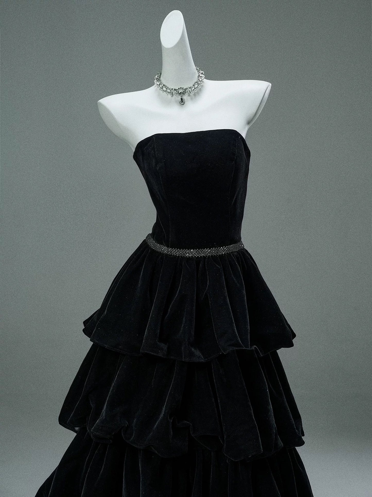 Strapless Black Tiered A Line Long Prom Dresses Velvet Birthday Dress J8435