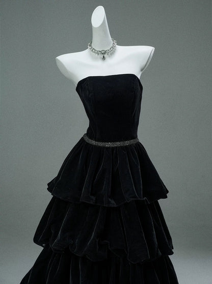 Strapless Black Tiered A Line Long Prom Dresses Velvet Birthday Dress J8435