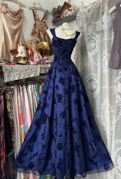 A Line Lace Vintage Long Prom Dress Blue Evening Dress J7984