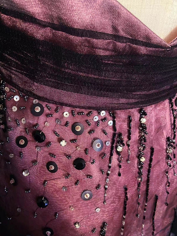 Robe de soirée courte à bretelles spaghetti et perles, coupe trapèze, J8163