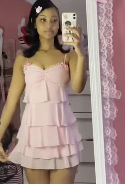 Robe de soirée rose à bretelles spaghetti et volants, robe d'anniversaire J7481