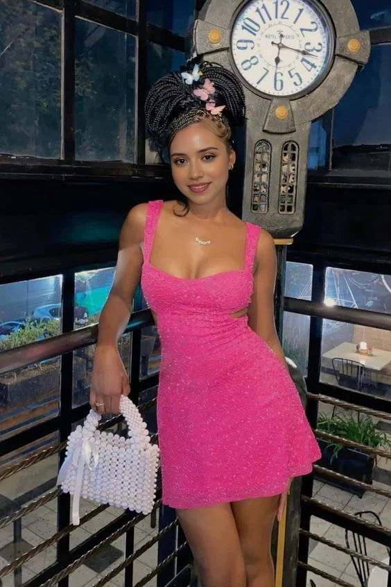 Etuikleid, kurzes Ballkleid, Hot Pink, Pailletten, Heimkehrkleid J7137