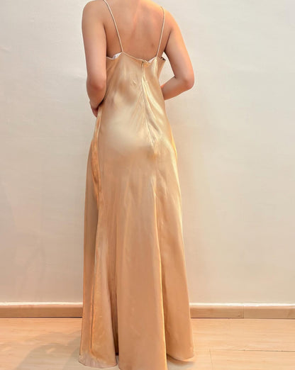 Spaghetti Straps Champagne Long Prom Dress Beaded Evening Dress J8590