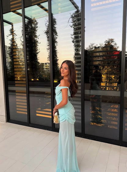 Off Shoulder Blue Sheath Long Prom Dress Chiffon Birthday Dress J7854