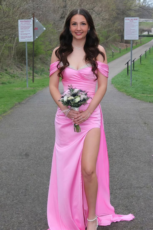Pink Mermaid Off The Shoulder Satin Beaded Long Prom Dresses With Slit J9636