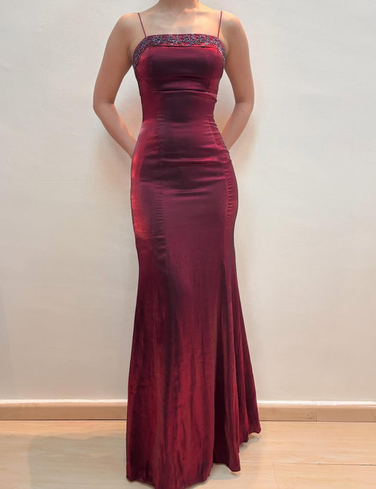 Spaghetti Straps Burgundy Long Prom Dress Beaded Vintage Dress J8561