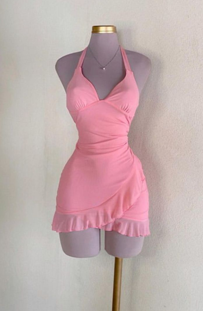 Robe de bal rose licou trapèze courte pour anniversaire J7611