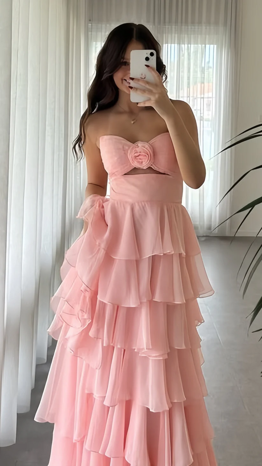 Blush Pink Chiffon Rüschen Ballkleider Lagen Abendkleid J8767