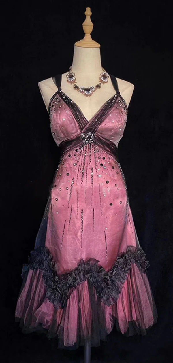 Robe de soirée courte à bretelles spaghetti et perles, coupe trapèze, J8163