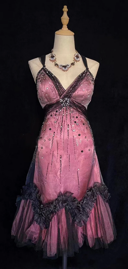 Robe de soirée courte à bretelles spaghetti et perles, coupe trapèze, J8163