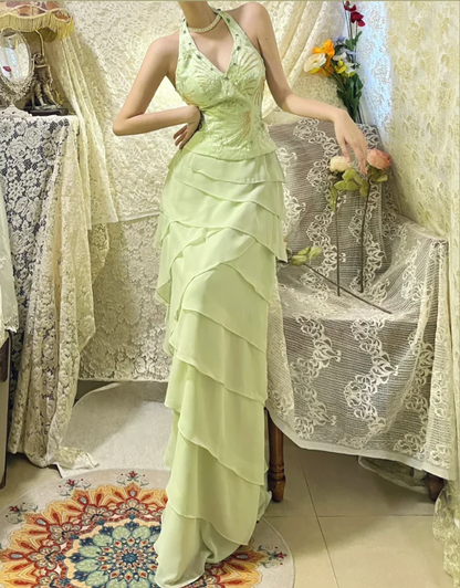 Halter Green Chiffon Prom Dress Beaded Formal Party Dress J8776