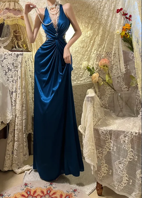 Vintage Blue V-Neck Beaded Satin Long Prom Dress J8778