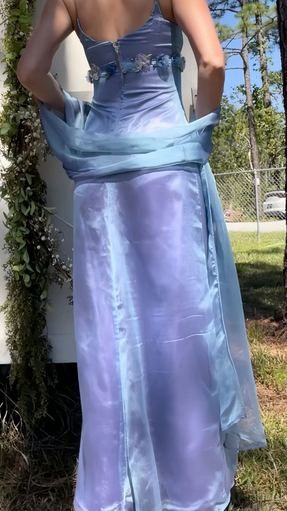 Schickes Etuikleid in Blau und Lila, langes Ballkleid mit Blumenmuster, Abendkleid, Partykleid J8764