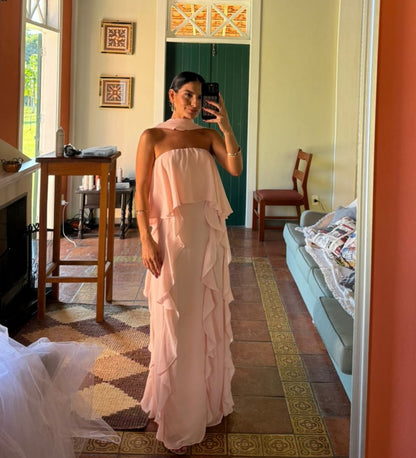 Strapless Pink Ruffle Prom Dress Chiffon Wedding Guest Dress J7022