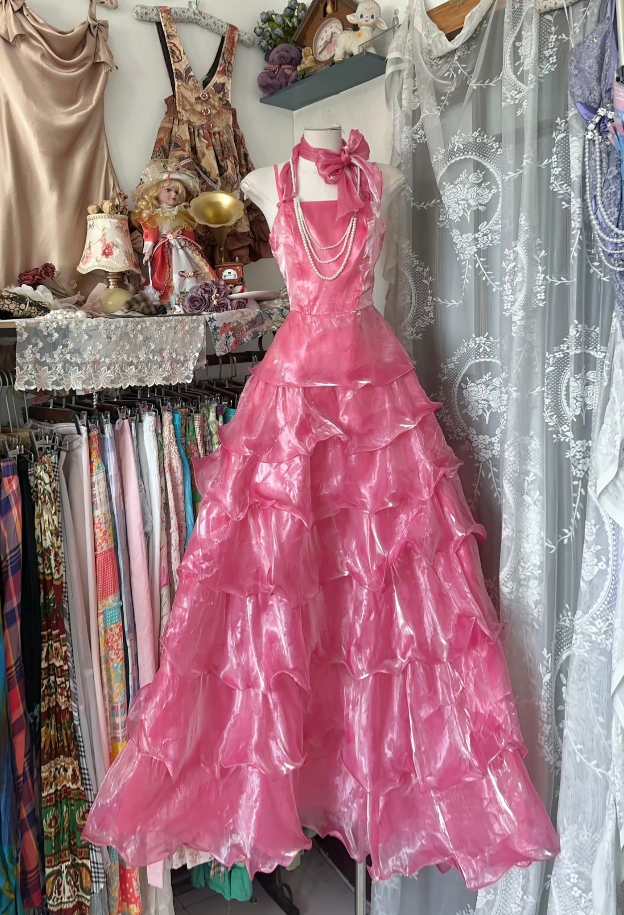 A Line Pink Tiered Ruffle Prom Dress Sweet 15 Birthday Ball Gown J7660
