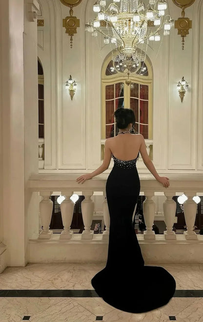 Halter Black Mermaid Beaded Prom Dress Evening Party Dress J7797